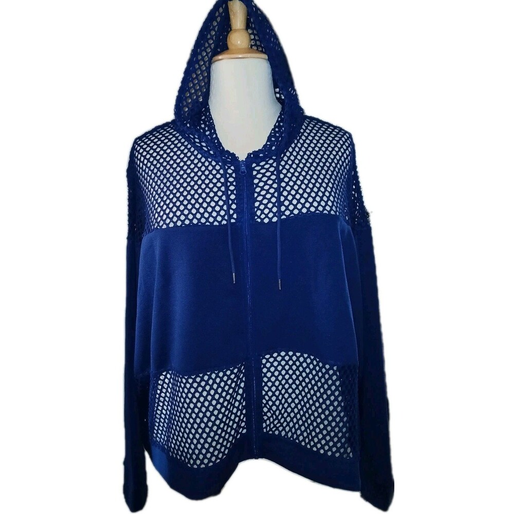 NWT ASHLEY STEWART SPORT Womens 34/36 Lightweight Zip Cut Out Navy Hoodie Jacket